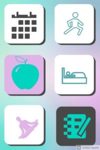 A mock-up design of a mobile app shows three rows of two squares depicting a calendar, a person stretching, an apple, a person in a bed, a person meditating, and a notebook. 