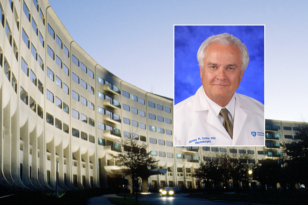 A head and shoulders professional portrait of James Connor against a background image of Penn State College of Medicine.