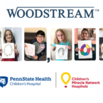 A collage depicts six children each holding up a digit in the number "100,000." The Woodstream, Penn State Health Children's Hospital and CMN logos also appear.