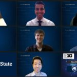 A head-and-shoulders group photo of Neha Gupta, Ravi Shah, Alyssa Tuan, faculty advisor Dr. Jennifer Kraschnewski, David Foley, Nathan Cannon and Christian Park as they present during the virtual Big 10 AI Bowl competition.