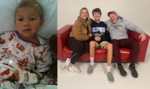 A photo of Blake Smith as a young child alongside a photo of Blake sitting on a sofa between his mother and father.
