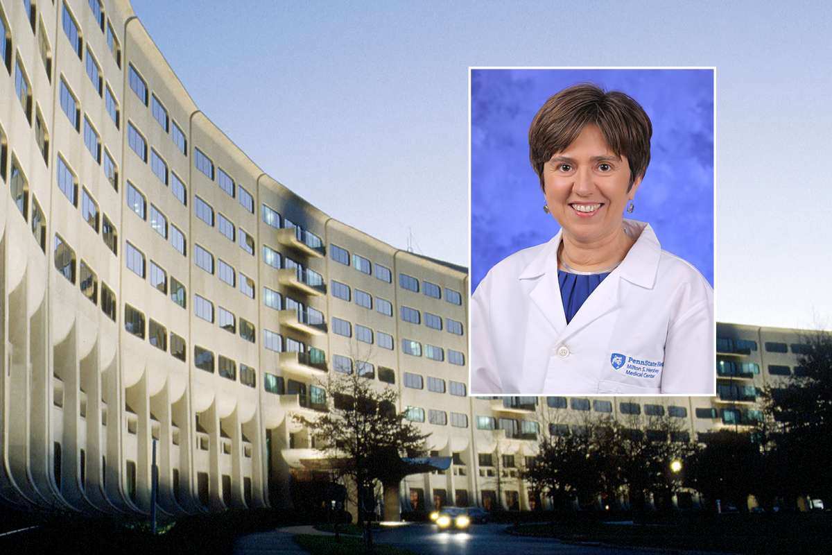 A head and shoulders professional portrait of Dr. Aleksandra Zgierska against a background image of Penn State College of Medicine.