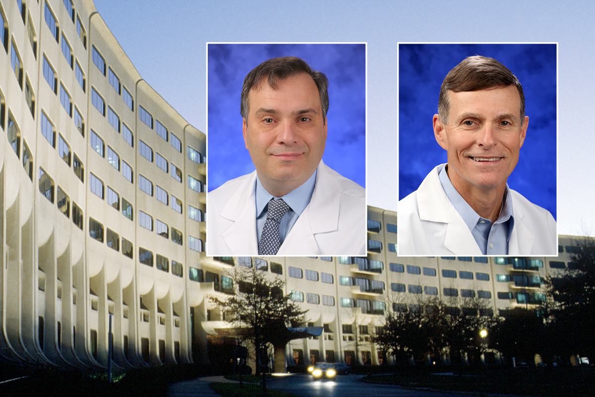 Head and shoulders professional portraits of Dr. Dino Ravnic and David Craft against a background image of Penn State College of Medicine.