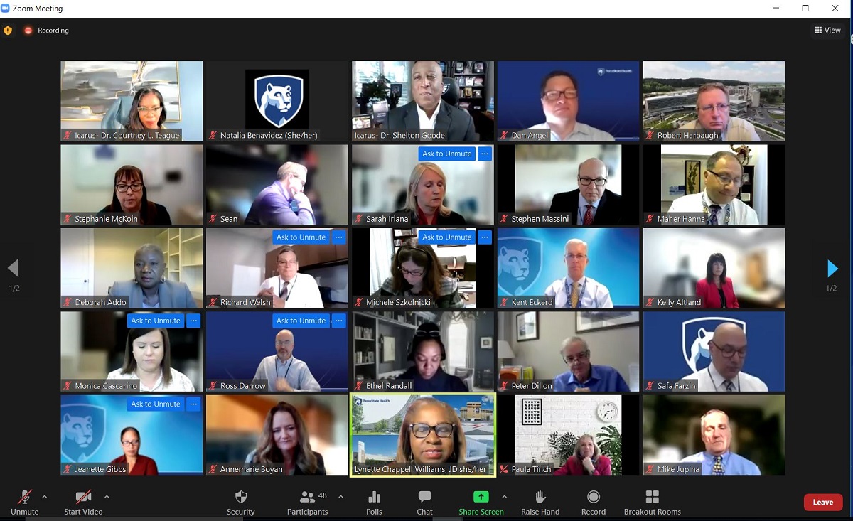 Gallery view of Penn State Health senior leaders in their individual locations, virtually attending the fall 2021 Inclusion Academy.