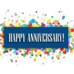 Happy anniversary typography on dark blue banner with colorful confetti.
