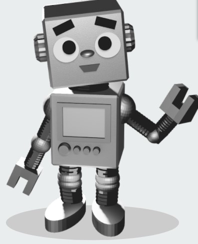 Drawing of a robot used in Harrell Library's virtual book displays