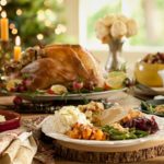 A holiday meal is spread across a table.