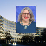 A head and shoulders professional portrait of Dr. Martha Levine against a background image of Penn State College of Medicine.