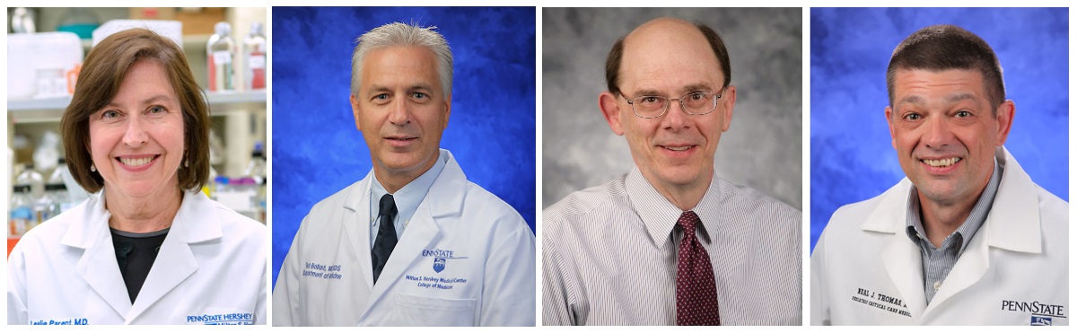 The image shows professional portraits of Dr. Leslie Parent, Dr. Ted Bollard, Dr. Charles Lang and Dr. Neal Thomas, associate dean for clinical research.