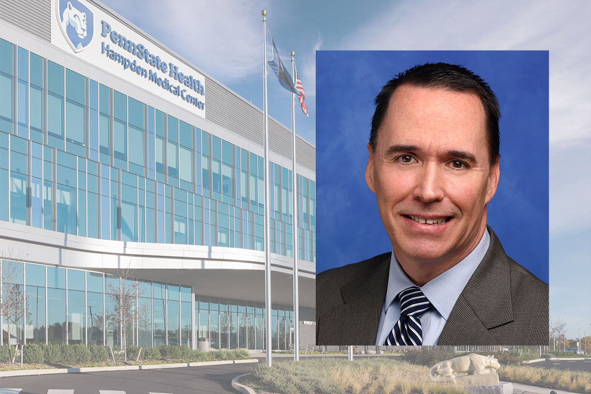 A portrait of Dr. James Leaming is shown superimposed overtop of a photo of Penn State Health Hampden Medical Center.