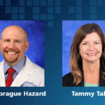 Portraits of Dr. Sprague Hazard and Tammy Talys over a background of scattered squares.