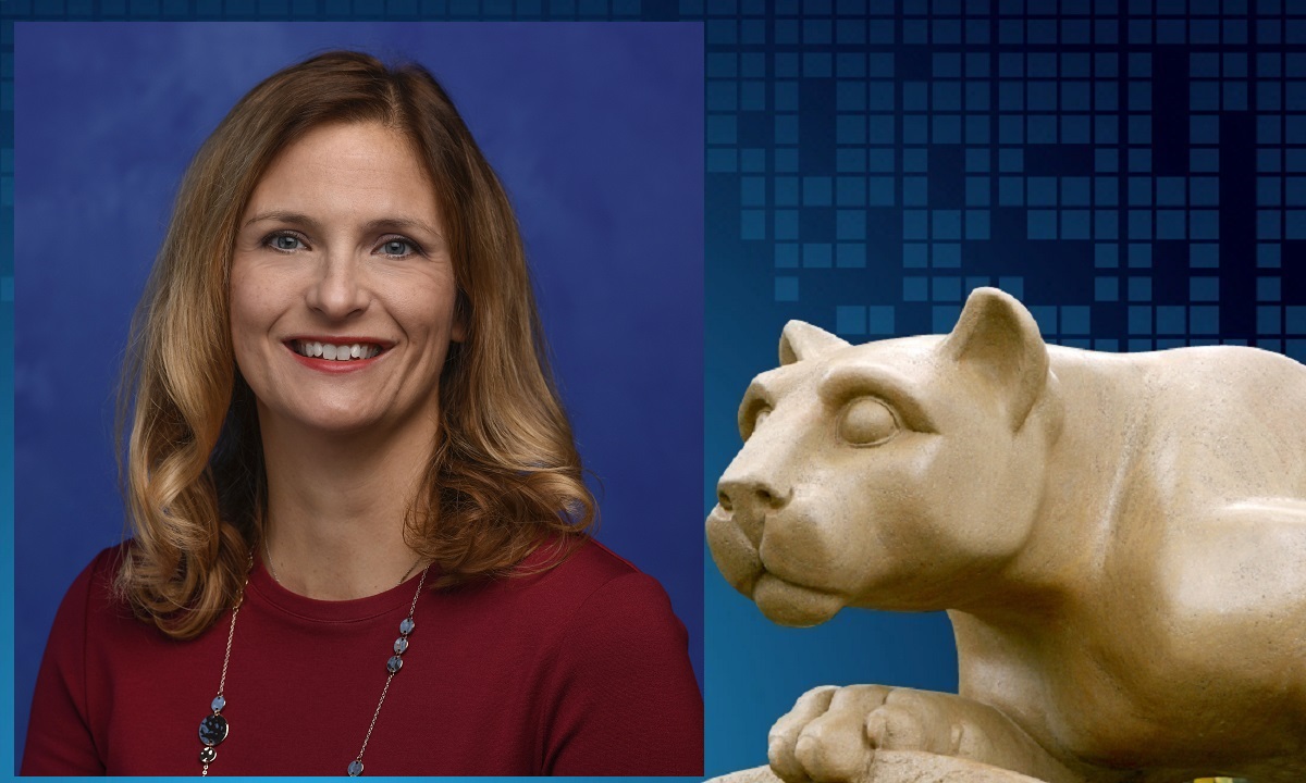 A portrait of Dr. Tatiana Dalton is superimposed on an illustration featuring at statue of the Penn State Nittany Lion.