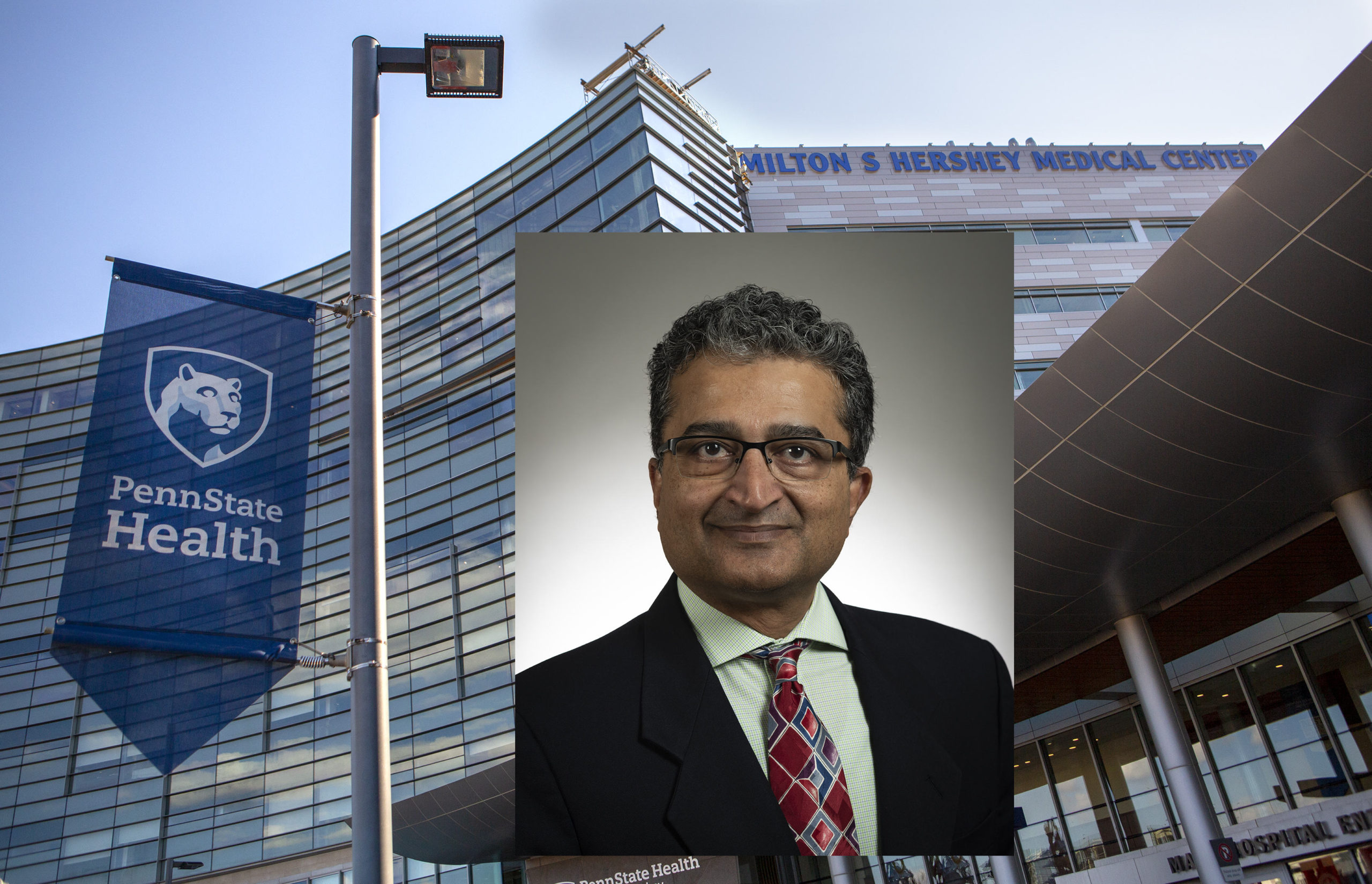 A headshot photo of Dr. Thiru Annaswamy is placed over a stock photo of Hershey Medical Center.