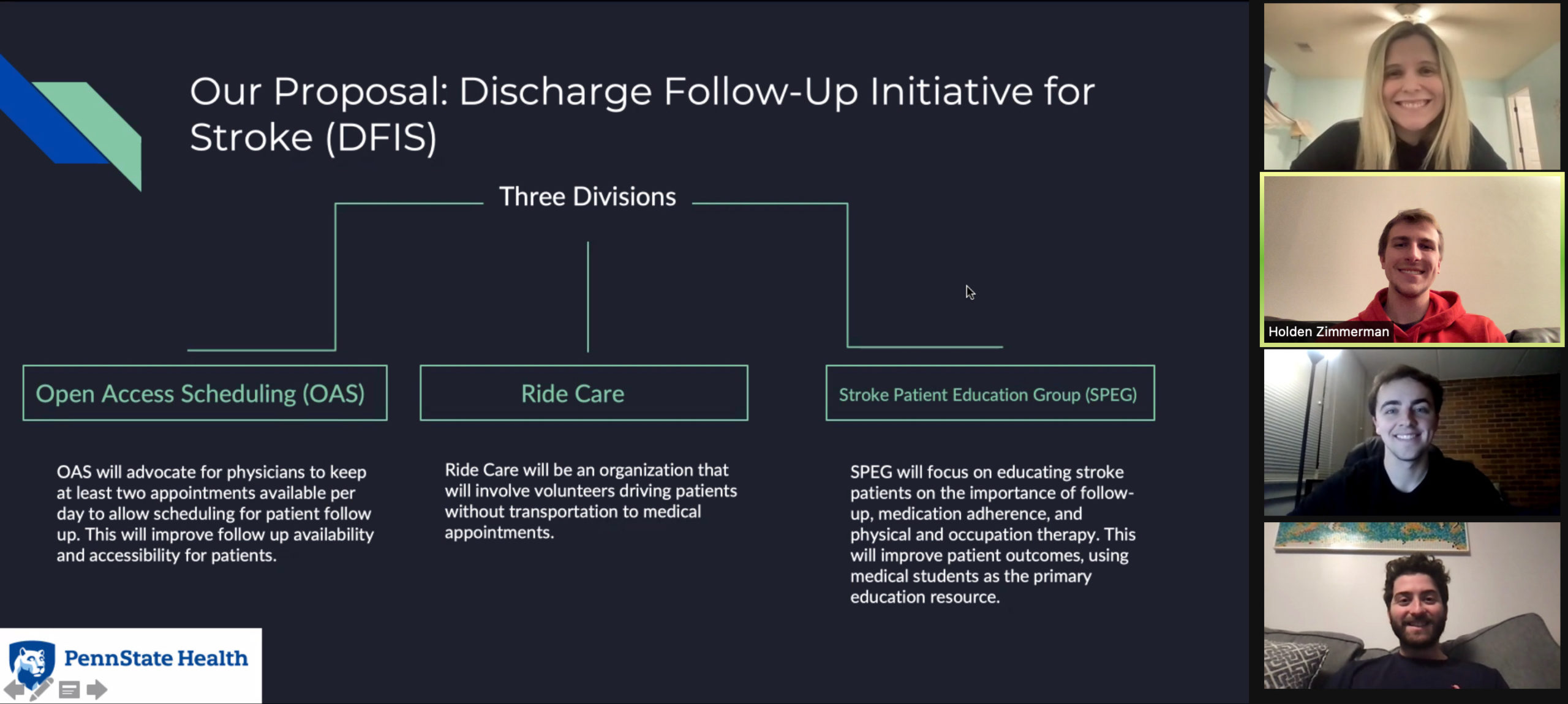 Penn State medical students Hannah Short, Holden Zimmerman, Benjamin Walters and Danny Glickman appear on a computer screen next to a text display as they present their patient care solution during the High-Value Care Student Interest Group’s virtual Hackathon competition in December 2021.