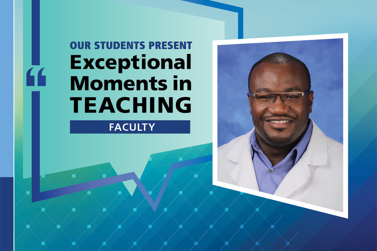 Gentleman with glasses in doctor’s coat, smiling, image over a background graphic with the text “Our students present, exceptional moments in teaching faculty”