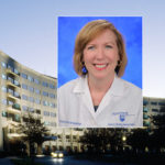 A head-and-shoulders professional portrait of Eileen Moser with the College of Medicine crescent building in the background.