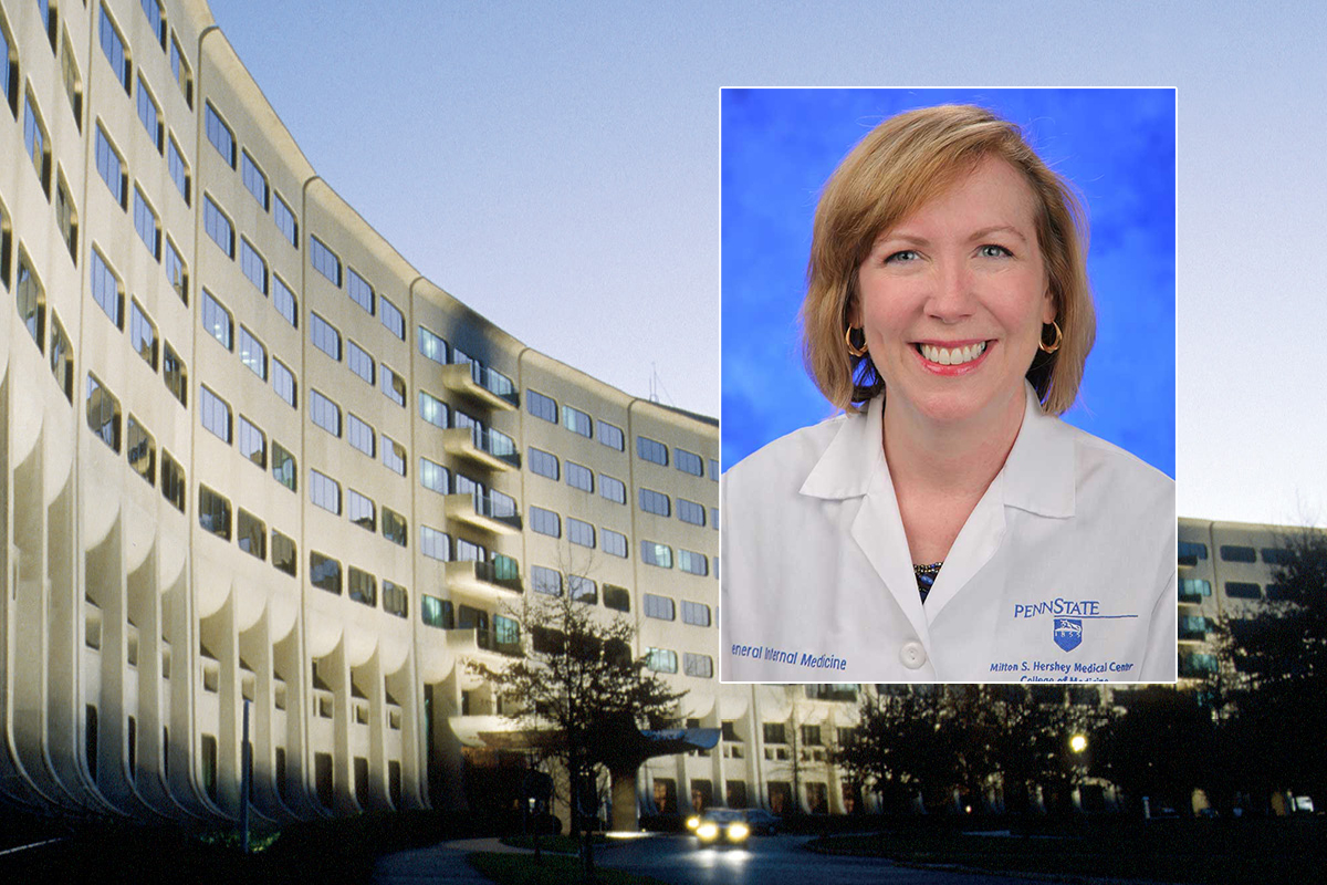 A head-and-shoulders professional portrait of Eileen Moser with the College of Medicine crescent building in the background.