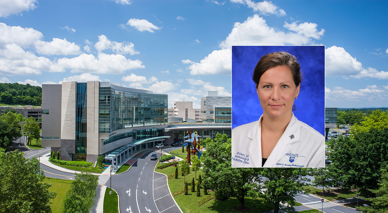 A head-and-shoulders professional portrait of Jill Eckert, DO, with Milton S. Hershey Medical Center in the background