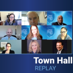 Screen shot of the leaders in the town hall Zoom meeting over a Penn State blue background with the Nittany Lion graphic and the words, “Town Hall Replay.”