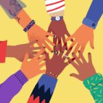 Illustration of diverse hands coming together.