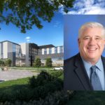 A headshot of Dr. Michael Reihart wearing a suit is placed over a rendering of the future Penn State Health Lancaster Medical Center.