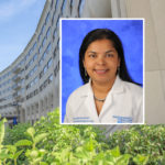 A head and shoulders professional portrait of Dr. Chandrika Gowda against a background image of Penn State College of Medicine.