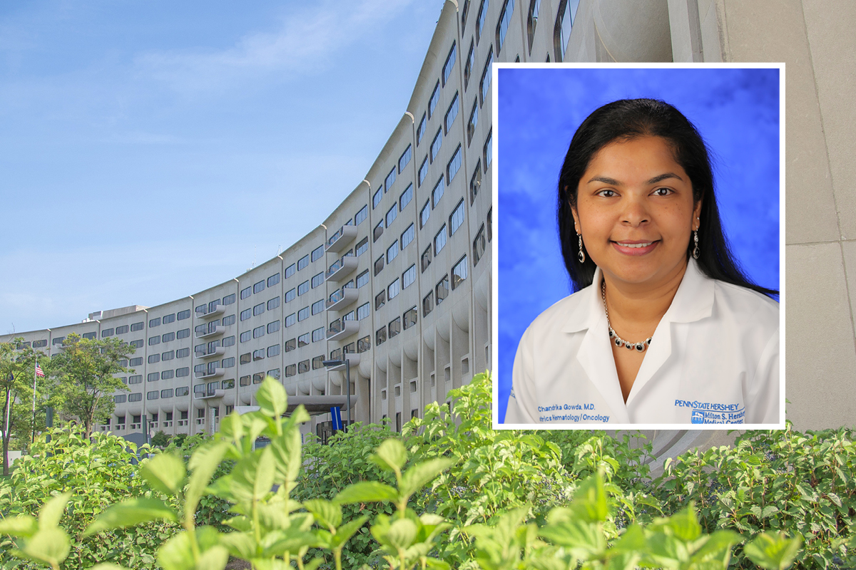 A head and shoulders professional portrait of Dr. Chandrika Gowda against a background image of Penn State College of Medicine.