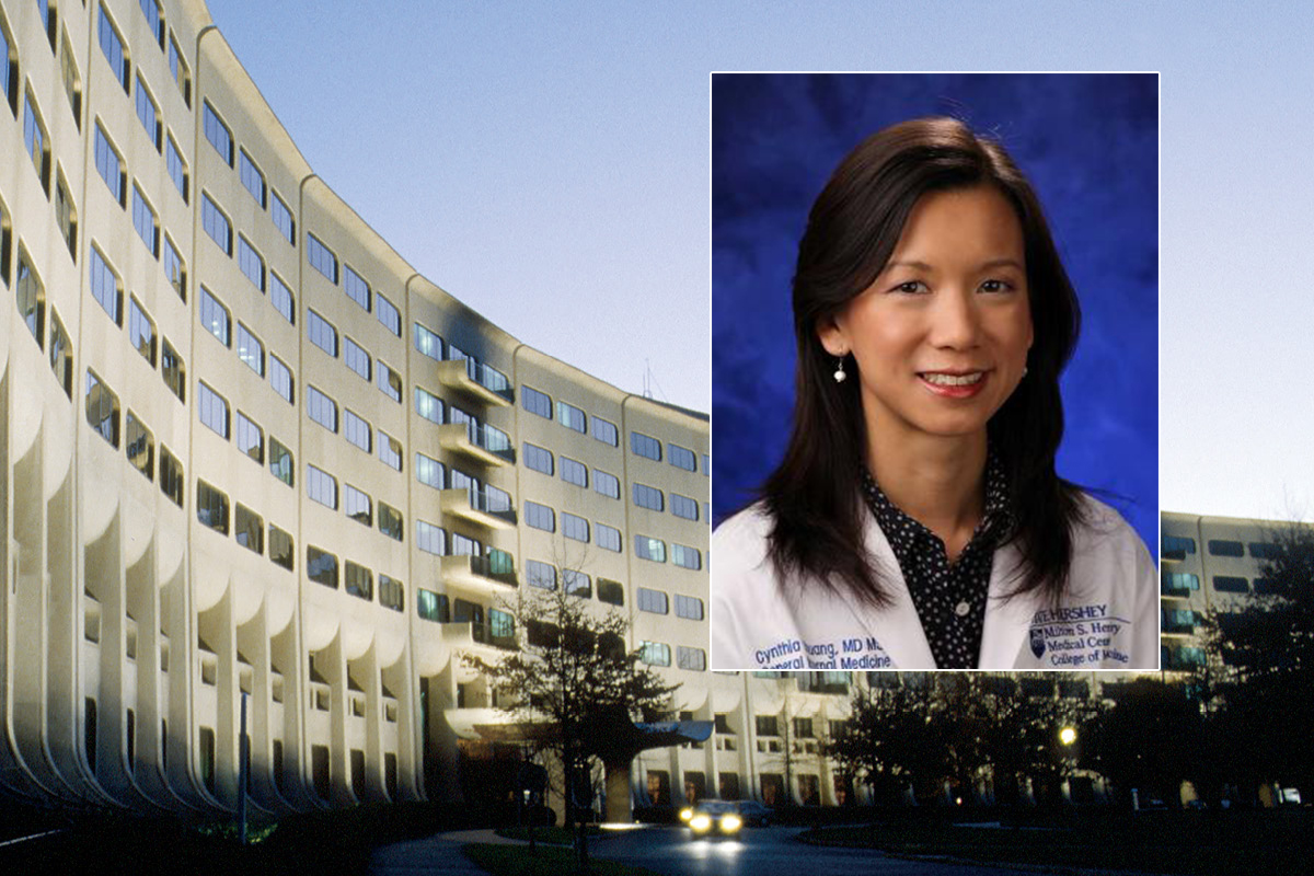 A headshot of Dr. Cynthia Chuang, who is wearing a white coat, is superimposed over an image of a medical building.