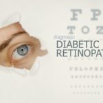 Woman’s eye looking through teared hole in paper, alongside an eye test with the words “Diabetic Retinopathy” on right.