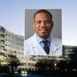 A head and shoulders professional portrait of Dr. Olivier Noel against a background image of Penn State College of Medicine.