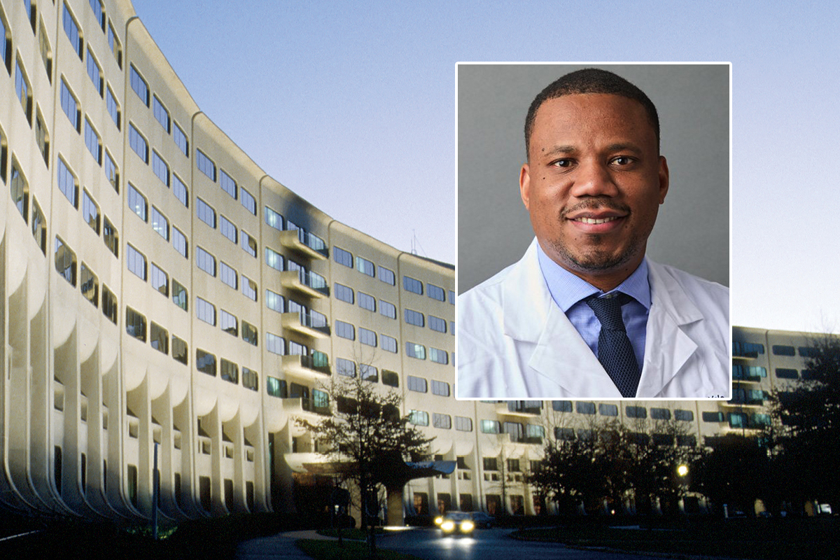 A head and shoulders professional portrait of Dr. Olivier Noel against a background image of Penn State College of Medicine.