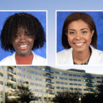 Head and shoulders professional portraits of Leana Dogbe and Danielle Somerville against a background image of Penn State College of Medicine.