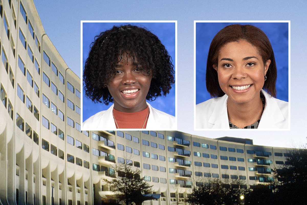 Head and shoulders professional portraits of Leana Dogbe and Danielle Somerville against a background image of Penn State College of Medicine.