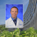 A head and shoulders professional portrait of Brandon Peterson against a background image of Penn State College of Medicine