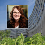 A head and shoulders professional portrait of Dr. Larissa Whitney against a background image of Penn State College of Medicine.