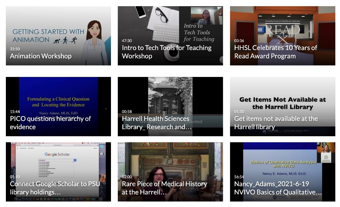 Screen capture of various videos on the homepage of the Harrell Library Kaltura Channel