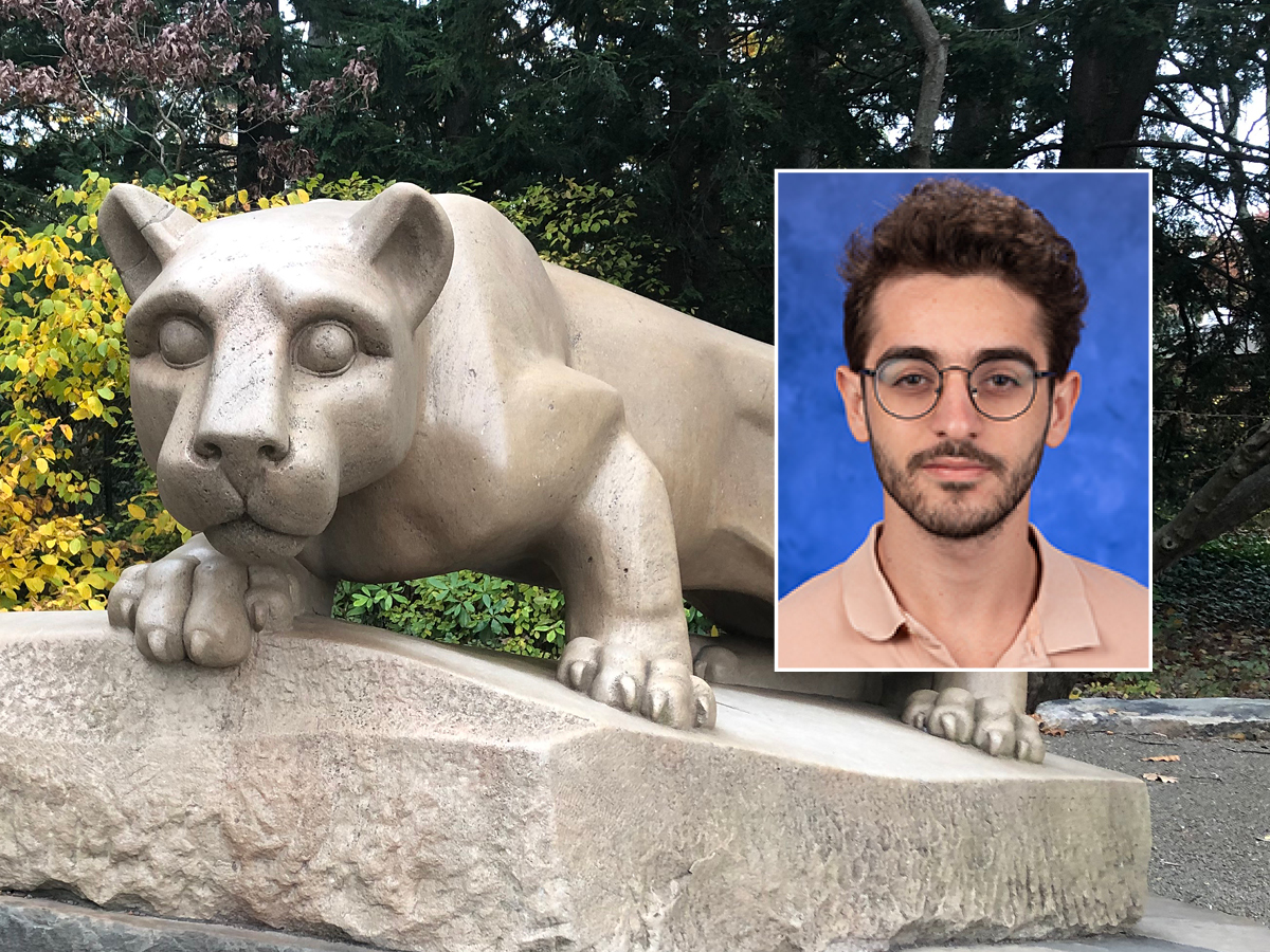 Image of Penn State biostatistics doctoral candidate Nour Hawila along side the Nittany Lion statute.