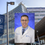 A headshot of Dr. Tom Samson is placed over a stock photo of Penn State Health Children’s Hospital.