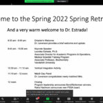 Zoom screenshot with a slide welcoming participants to the spring 2022 retreat, and images of five participants on the right hand side.