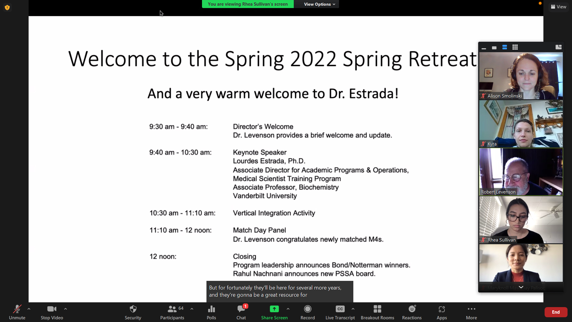Zoom screenshot with a slide welcoming participants to the spring 2022 retreat, and images of five participants on the right hand side.