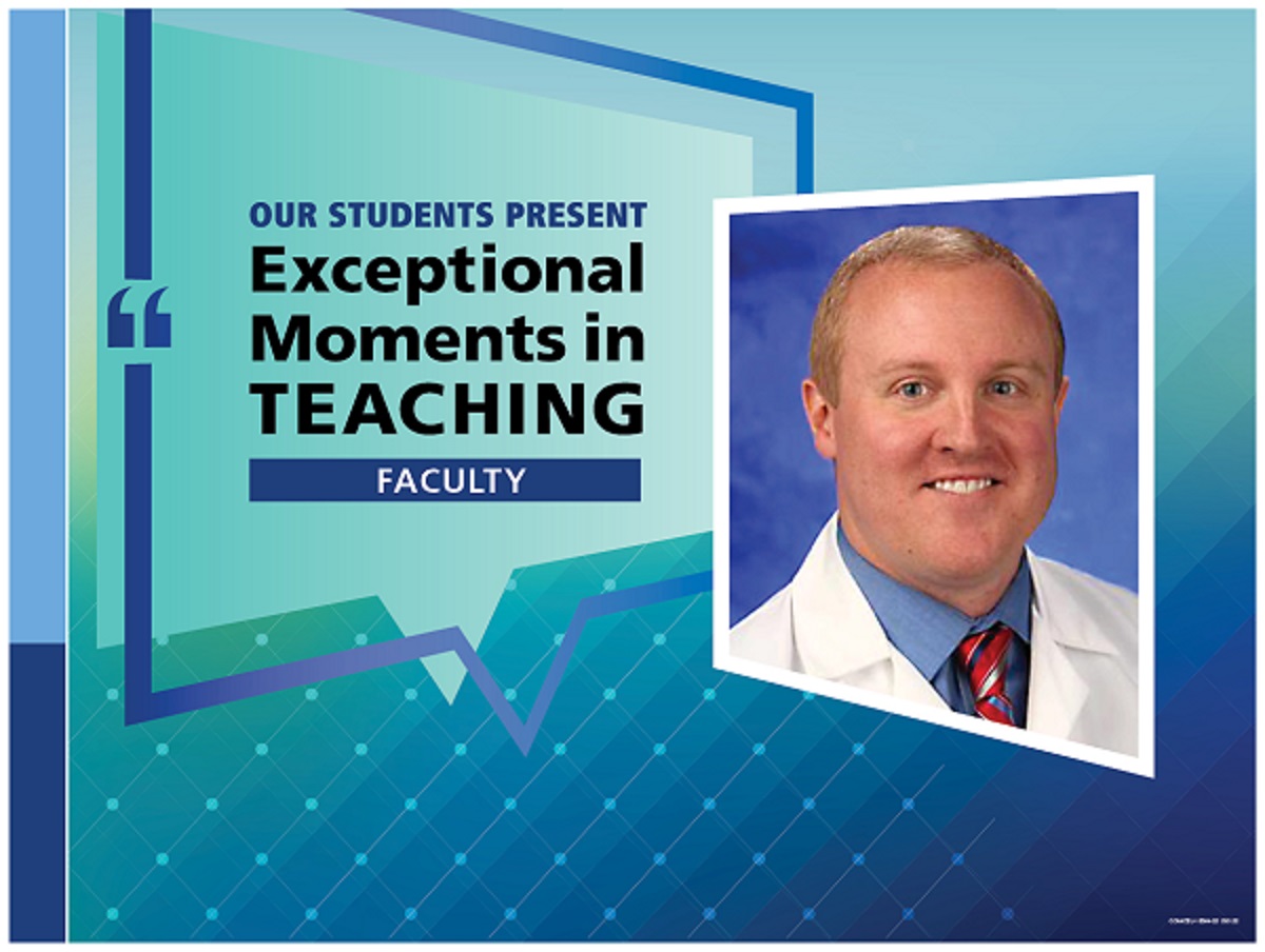 An Illustration shows Dr. Brian McGillen’s mugshot on a background with the words “OUR STUDENTS PRESENT Exceptional Moments in Teaching faculty.”