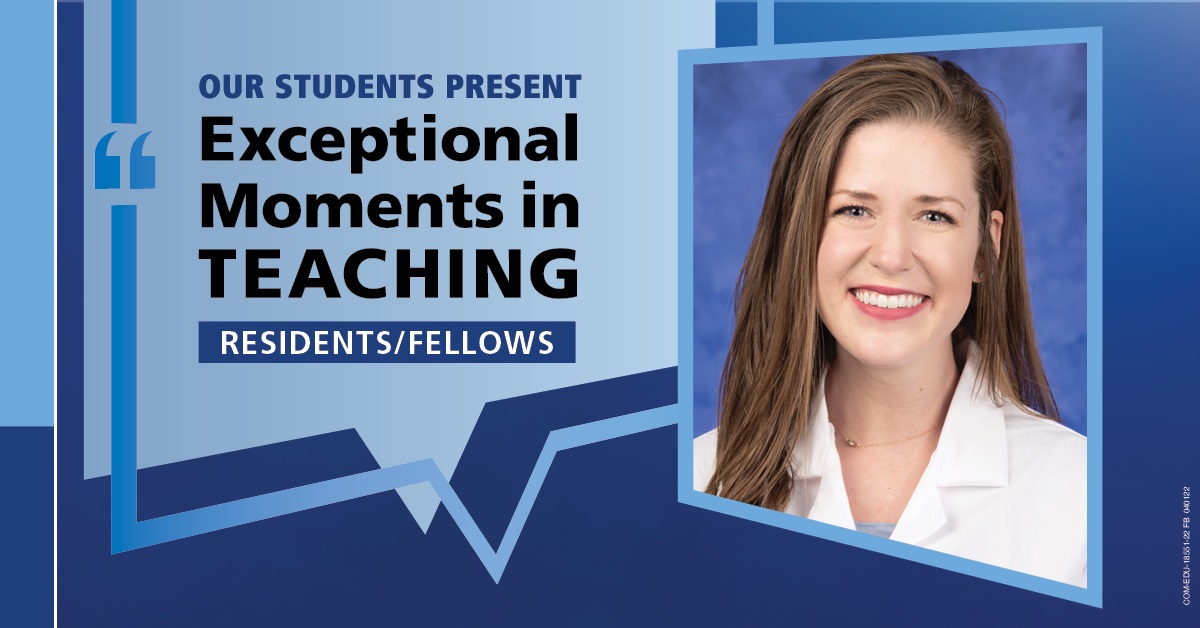 Image shows a portrait of Dr. Jordan Fletcher next to the words “Our students present Exceptional Moments in Teaching Residents/Fellows.”