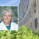 A head and shoulders portrait of Erica Friedman against a background image of Penn State College of Medicine.