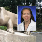A head and shoulders professional portrait of Ingrid Scott against a background image of the Penn State Nittany Lion Shrine.