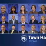 Collage of headshots of Penn State Health leadership team members and the words, “town hall replay.”