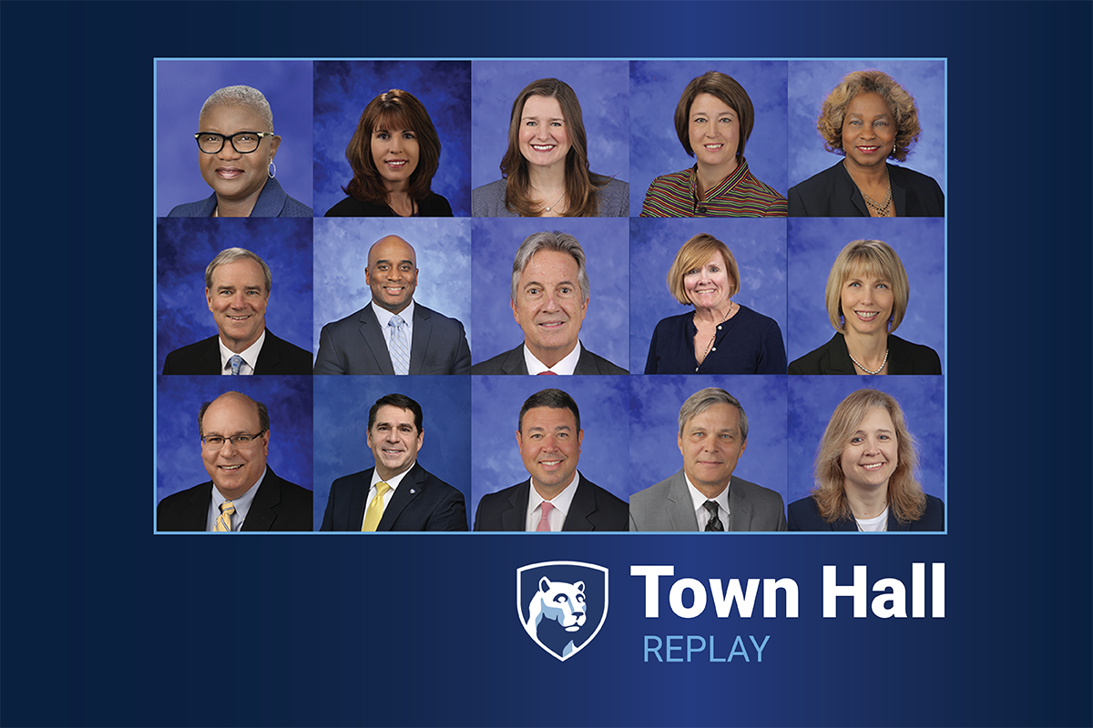 Collage of headshots of Penn State Health leadership team members and the words, “town hall replay.”