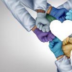 Medical staff unity and doctors working together and medical teamwork or health workers unity and global healthcare partnership as a group of diverse medics connected together shaped as a heart in a 3D illustration style.