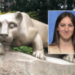 Photo of Penn State student Liba Blumberger alongside a photo of the Nittany Lion Statute.