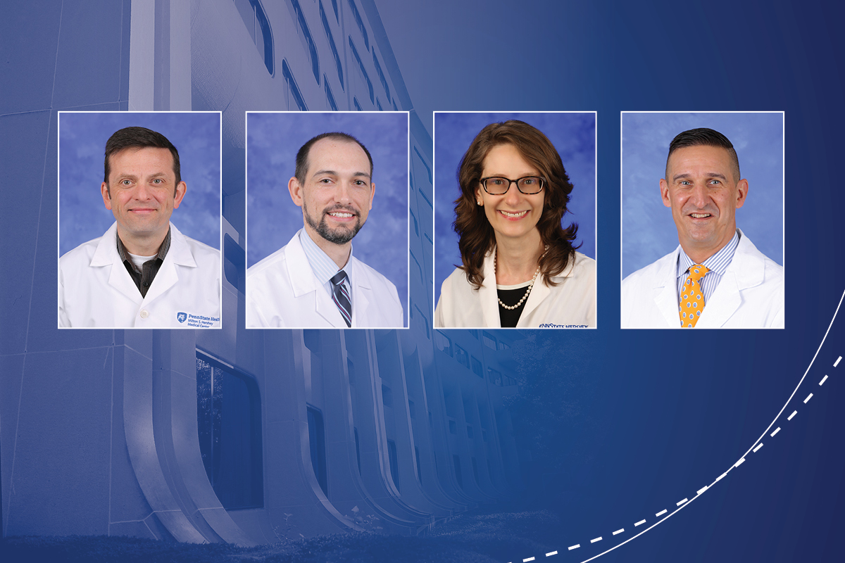 Head and shoulders professional portraits of Robert Lennon, Michael McShane, Erika Saunders and Mark Stephens against a background image of Penn State College of Medicine.