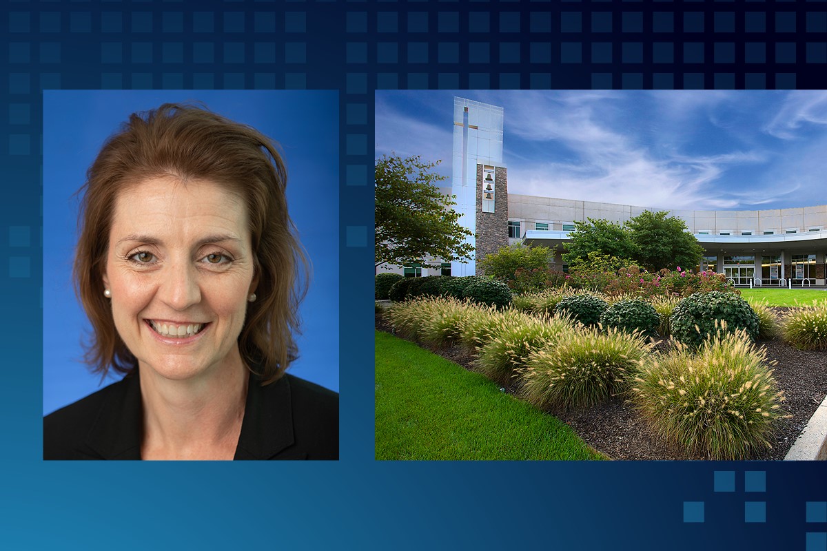 On the left, a headshot of a woman smiling. On the right, the front entrance of a hospital.